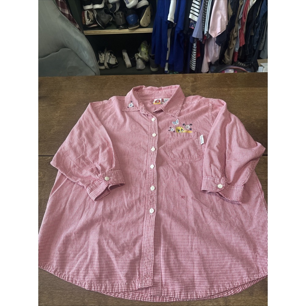 Vtg Tweety Red White Check Button Up Shirt 18W 20W Embroidered Gingham